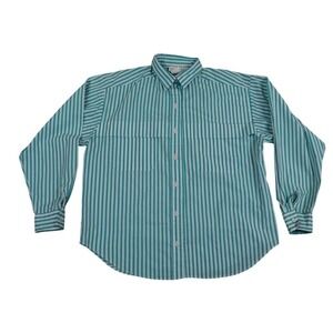 Vintage Whitney Lang Teal White Striped Button Down Shirt Womens 14P Made in USA